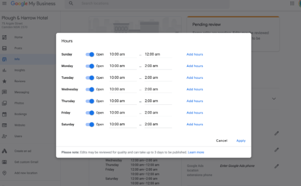 Setting business hours on Google My business